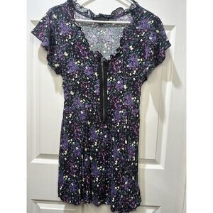 Living Doll Floral Mini Dress Women's M Black Purple Zip Front Cottagecore Fairy